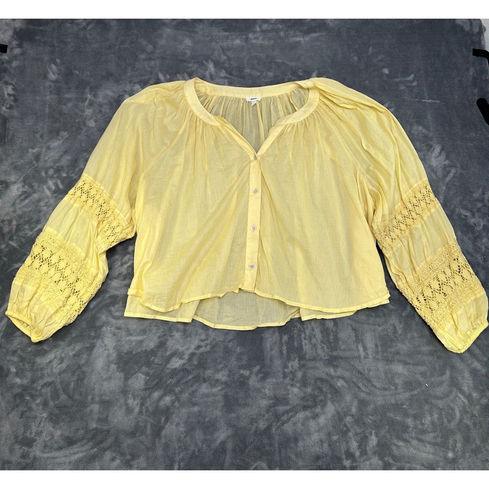 Aerie Yellow Crochet Lace Sleeve Button Down Blouse Top Womens Large Boho Flowy